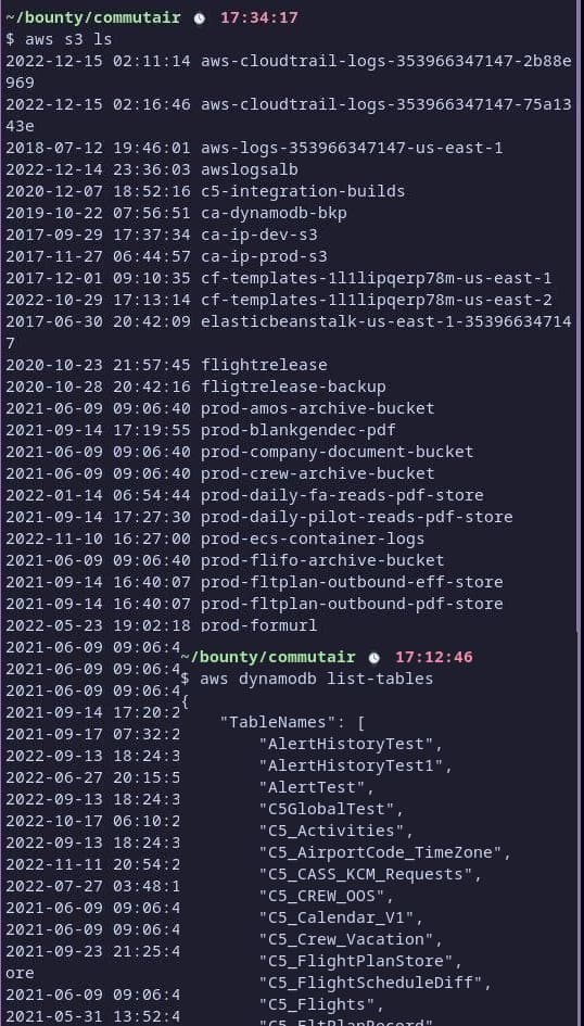 two terminal screenshots composed together showing some examples of aws buckets and dynamodb tables